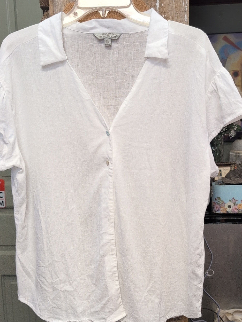 Hester & Orchard Linen Blend Button-Up Shirt in White
